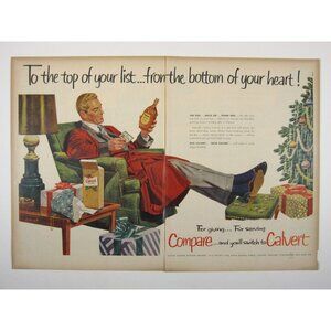 Print Ad Calvert Whiskey Top Of Your List Holiday MOD 2 Pg Christmas Tree 1950s